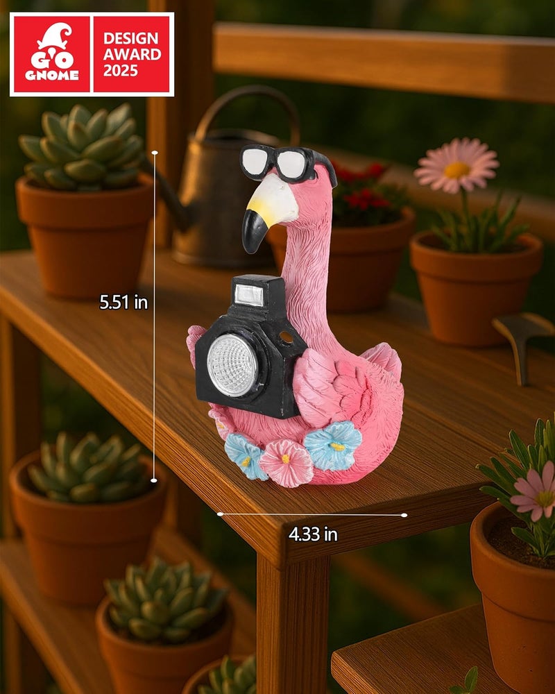 GoGnome Solar Flamingo Garden Statue with Camera Light – 5.5in Tall Solar Powered Outdoor Figurine for Yard, Patio, Balcony – Funny Garden Decor, Gift for Women (Flamingo) - Image 4